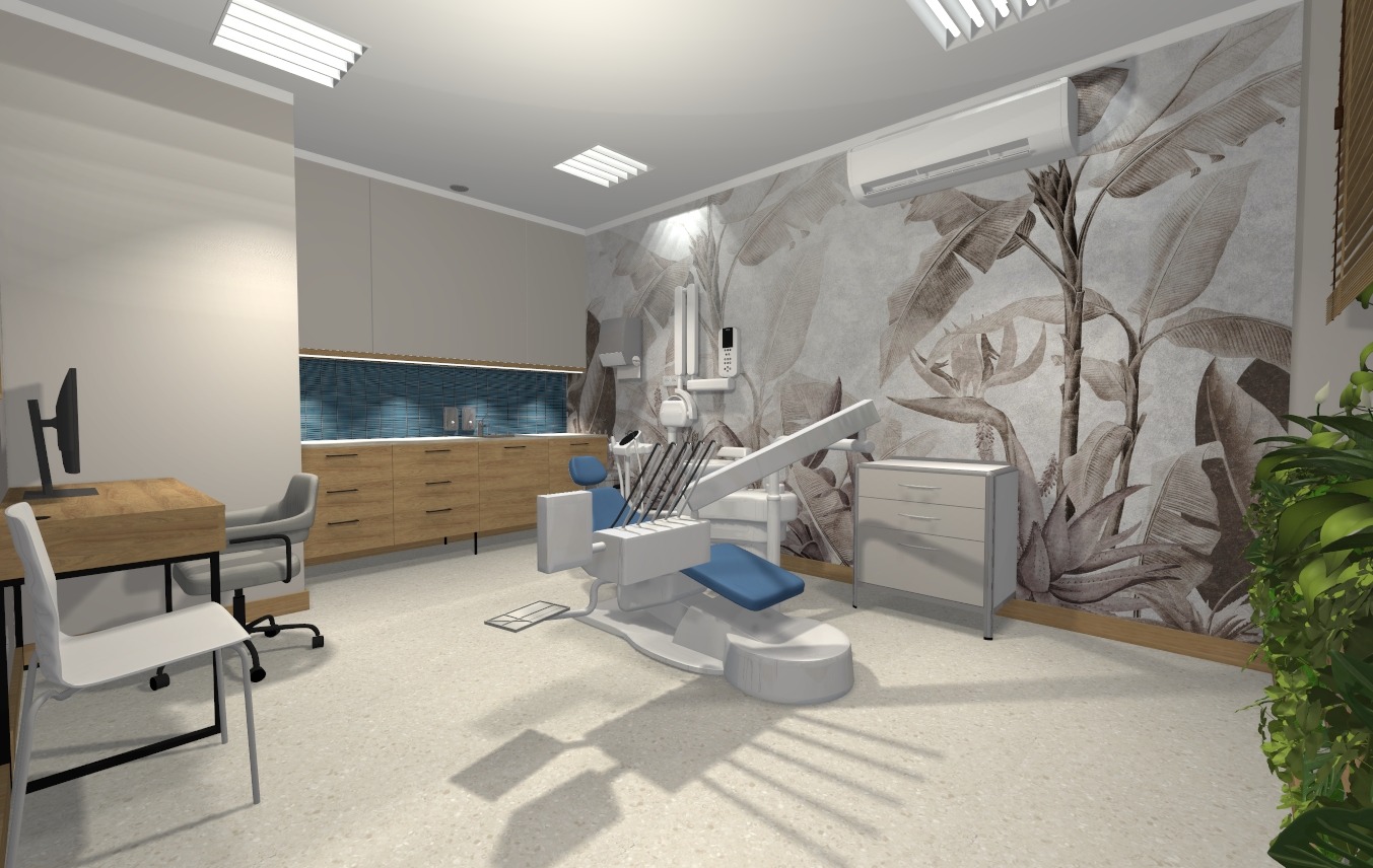 Wnętrze gabinetu stomatologicznego z nowoczesnym fotelem dentystycznym na tle ściany z motywem roślinnym. Jasne, przestronne wnętrze z elementami drewna i błękitu.