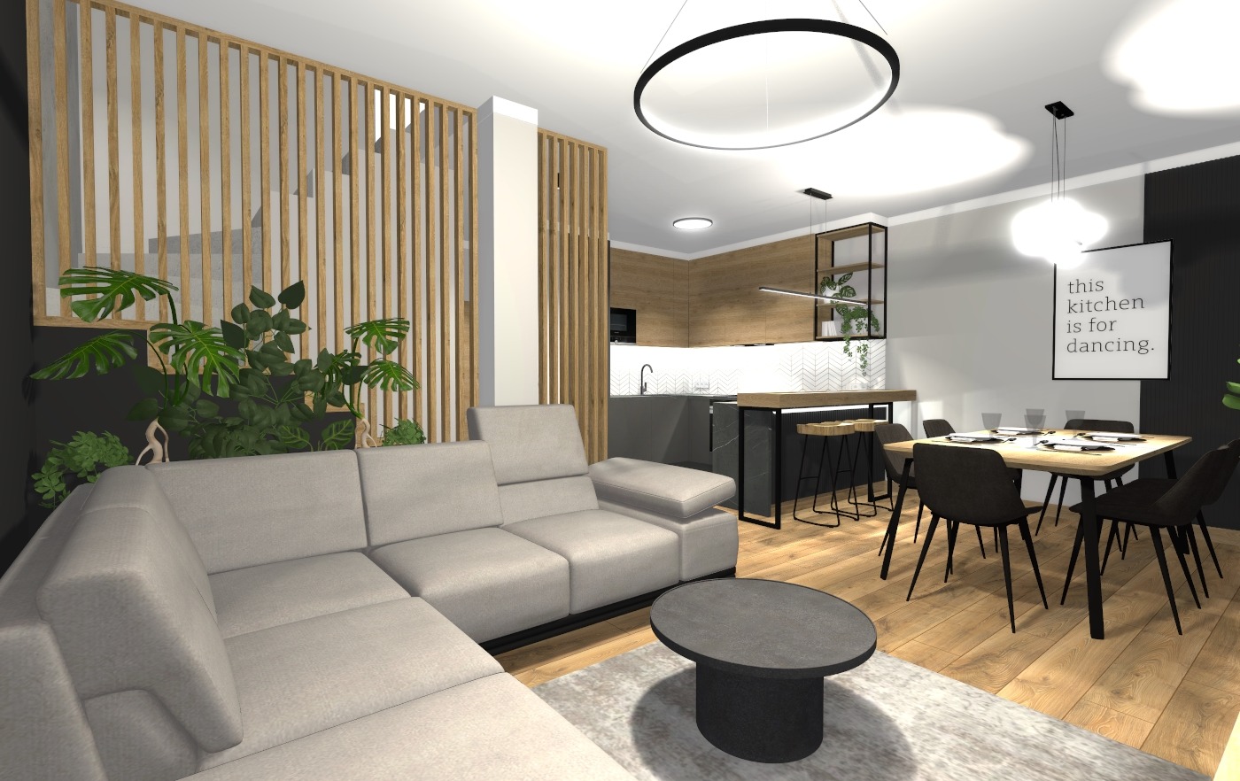 Wizualizacja nowoczesnego wnętrza z salonem i kuchnią w Oławie. Jasna sofa narożna, drewniane lamele, stół jadalny i czarne krzesła tworzą spójną aranżację.