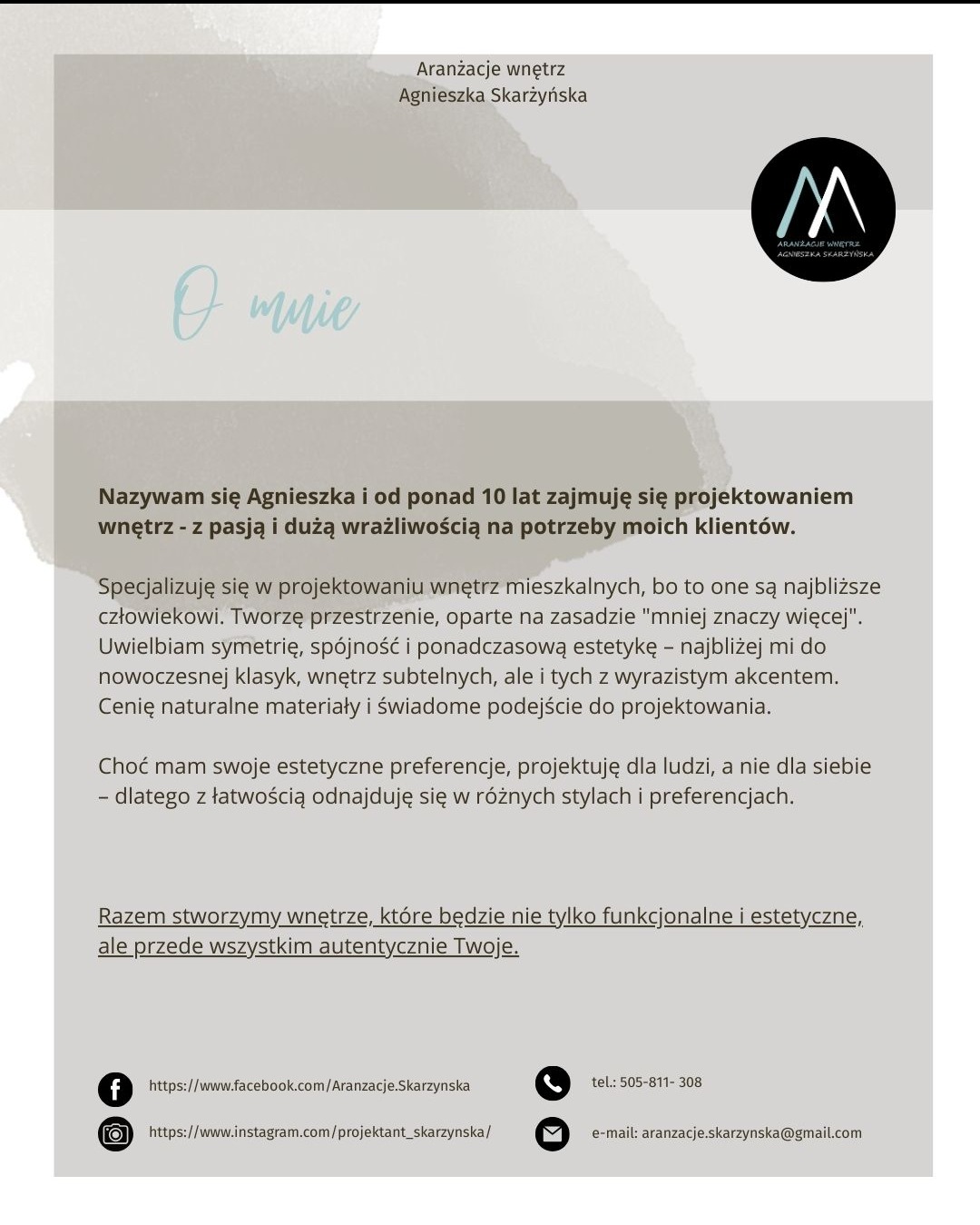 Informacje o projektantce wnętrz Agnieszce Skarżyńskiej, specjalizującej się w projektowaniu wnętrz mieszkalnych z pasją i wrażliwością na potrzeby klientów.