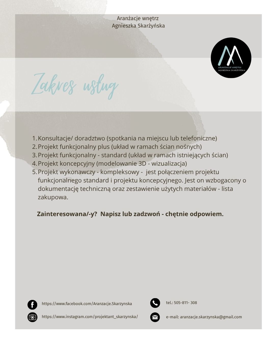 Zakres usług aranżacji wnętrz Agnieszki Skarżyńskiej: konsultacje, projekty funkcjonalne i koncepcyjne, modelowanie 3D, projekt wykonawczy. Dane kontaktowe.