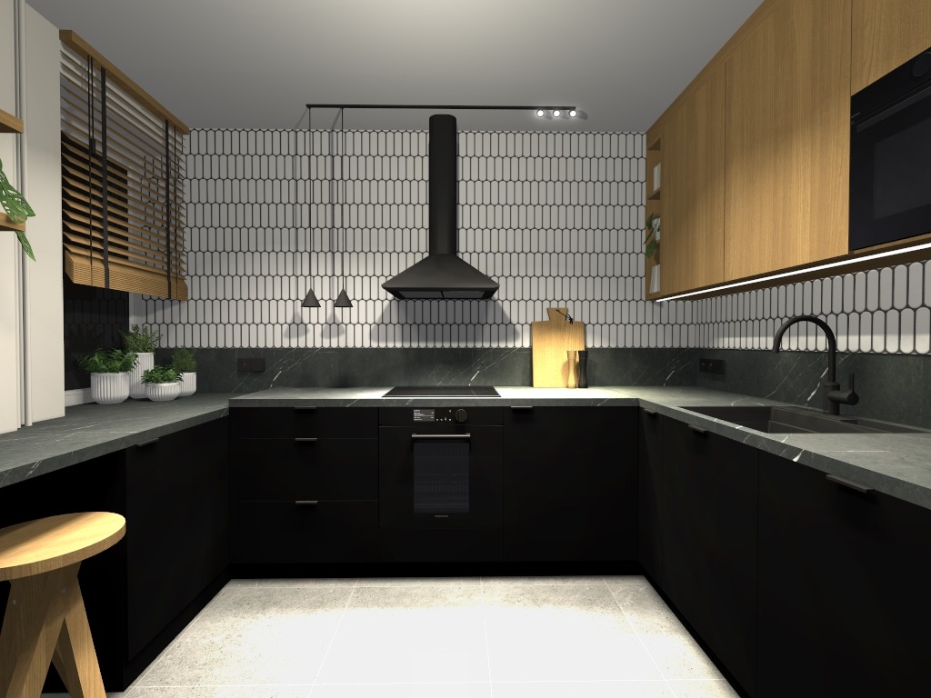 Nowoczesna kuchnia z czarnymi szafkami i blatem z efektem marmuru. Uwagę przykuwają płytki w kształcie migdałów na ścianie i drewniane żaluzje w oknie.