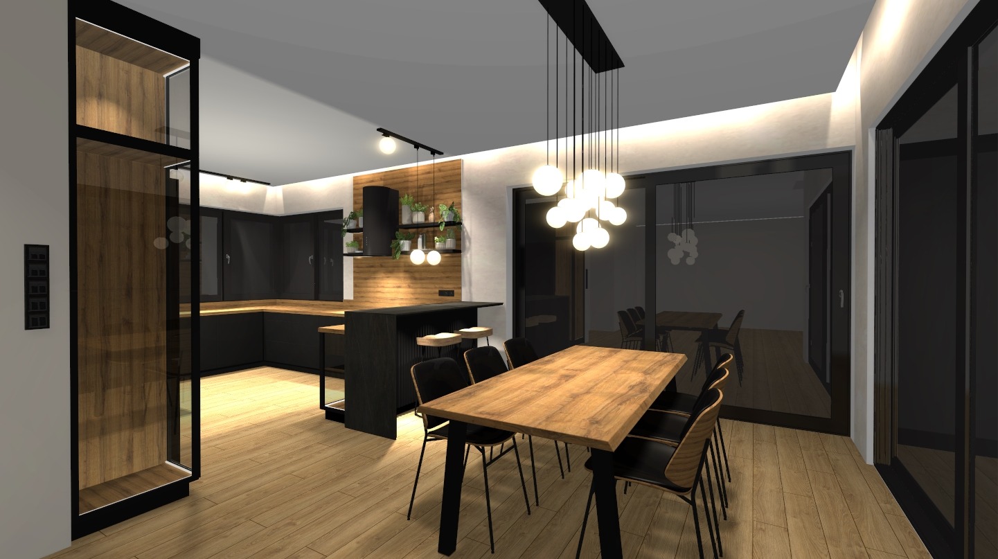 Wizualizacja wnętrza: nowoczesna kuchnia z wyspą i jadalnią. Czarne meble, drewniane akcenty, designerskie oświetlenie. Minimalistyczny styl, jasne drewno na podłodze.