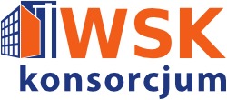 Pomarańczowo-niebieskie logo 'WSK konsorcjum' z abstrakcyjnym budynkiem w lewym rogu. Kontrastowe kolory, nowoczesny krój pisma, czytelny przekaz.