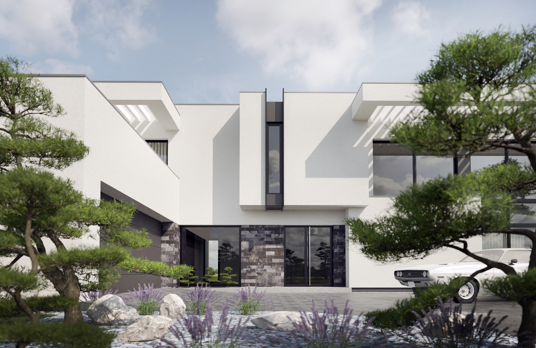 Nowoczesny, biały dom z płaskim dachem, dużymi oknami i elementami z kamienia. Uwagę przykuwa zadbany ogród w stylu japońskim z bonsai i kamieniami.