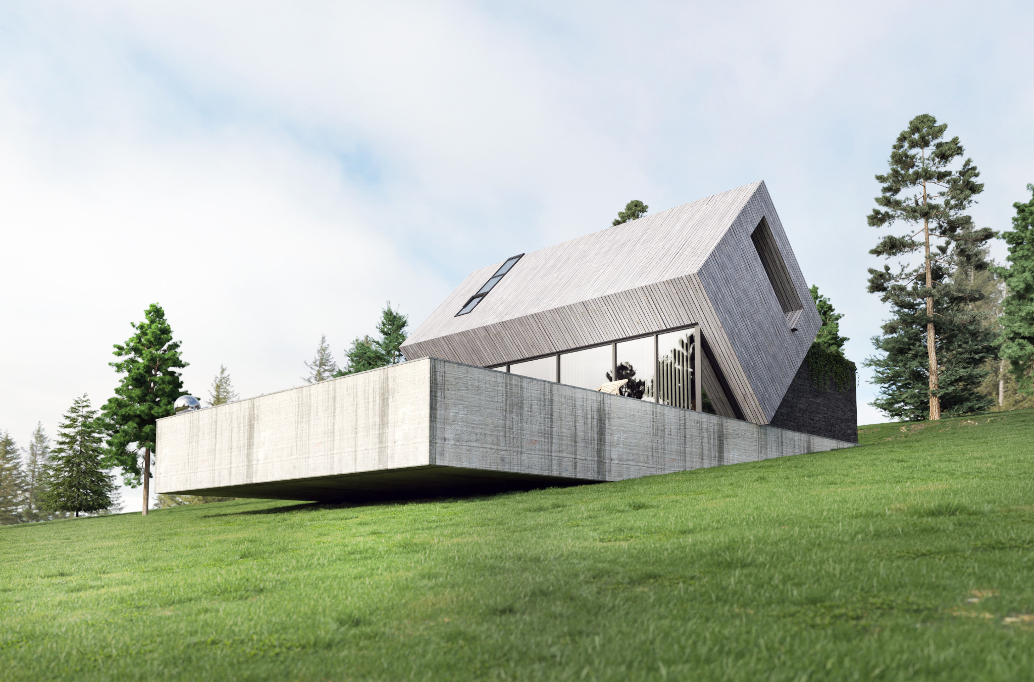 Nowoczesny dom z drewnianą elewacją i betonowym tarasem, wkomponowany w zielony krajobraz wzgórza, z widocznym oknem dachowym i dużymi przeszkleniami.