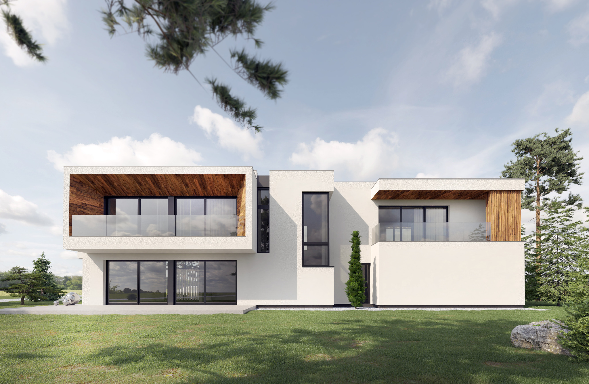 Nowoczesny, biały dom z drewnianymi akcentami i przeszklonymi balkonami, otoczony zielonym trawnikiem i drzewami, w słoneczny dzień. Minimalistyczna architektura.