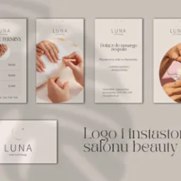 Projekt graficzny salonu beauty Luna: logo, instastory, grafika z wolnymi terminami, oferta pracy. Minimalistyczny design w stonowanej kolorystyce.