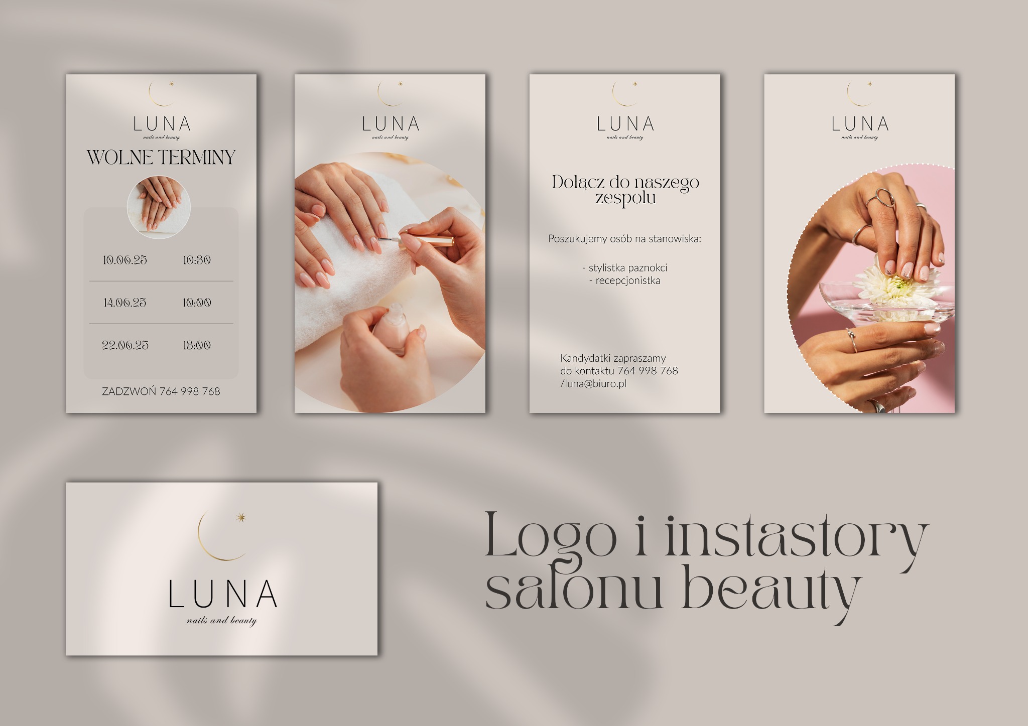 Projekt graficzny salonu beauty Luna: logo, instastory, grafika z wolnymi terminami, oferta pracy. Minimalistyczny design w stonowanej kolorystyce.