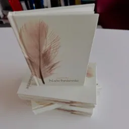 Stos książek w twardej oprawie z motywem pióra, tytułem 'Natchnienie' Józefa Fidlera, na białym stole, w tle regał z książkami i krzesło.