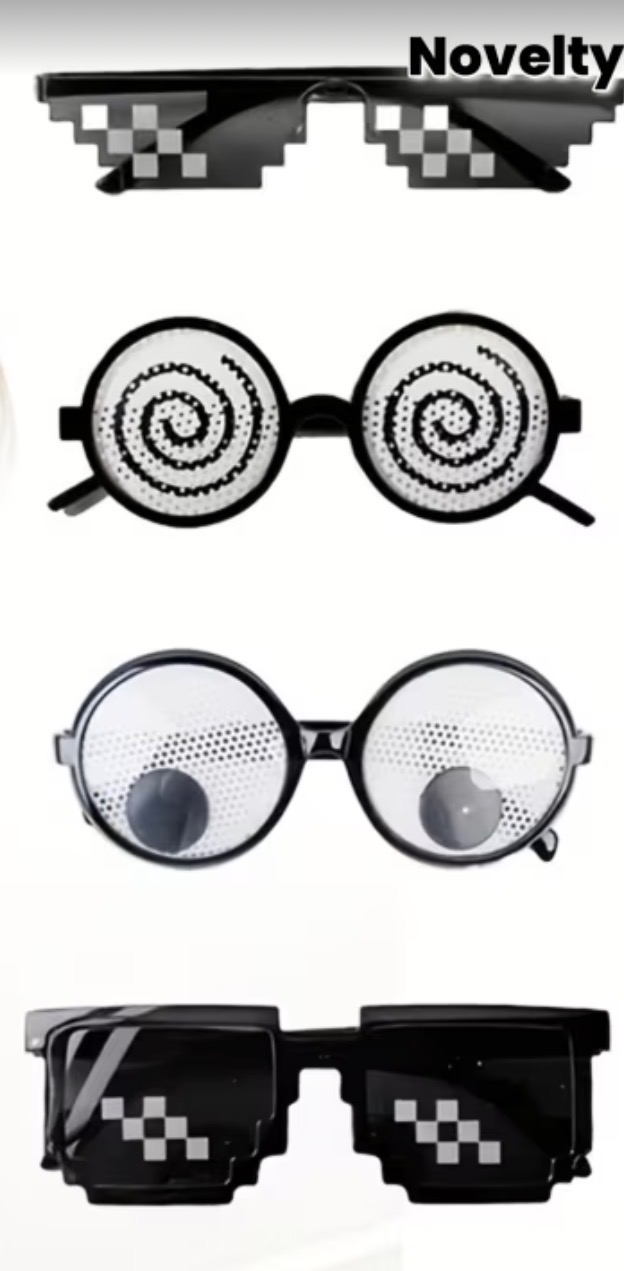 Kolekcja zabawnych okularów imprezowych: pikselowe, z hipnotycznymi spiralami i wyłupiastymi oczami. Idealne na fotobudkę lub jako gadżet na event.