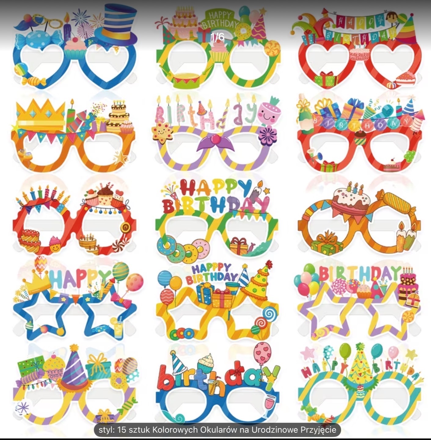 Zestaw 15 kolorowych okularów urodzinowych z motywami tortów, prezentów i balonów, w różnych kształtach: serca, gwiazdy, okręgi. Idealne na przyjęcie.