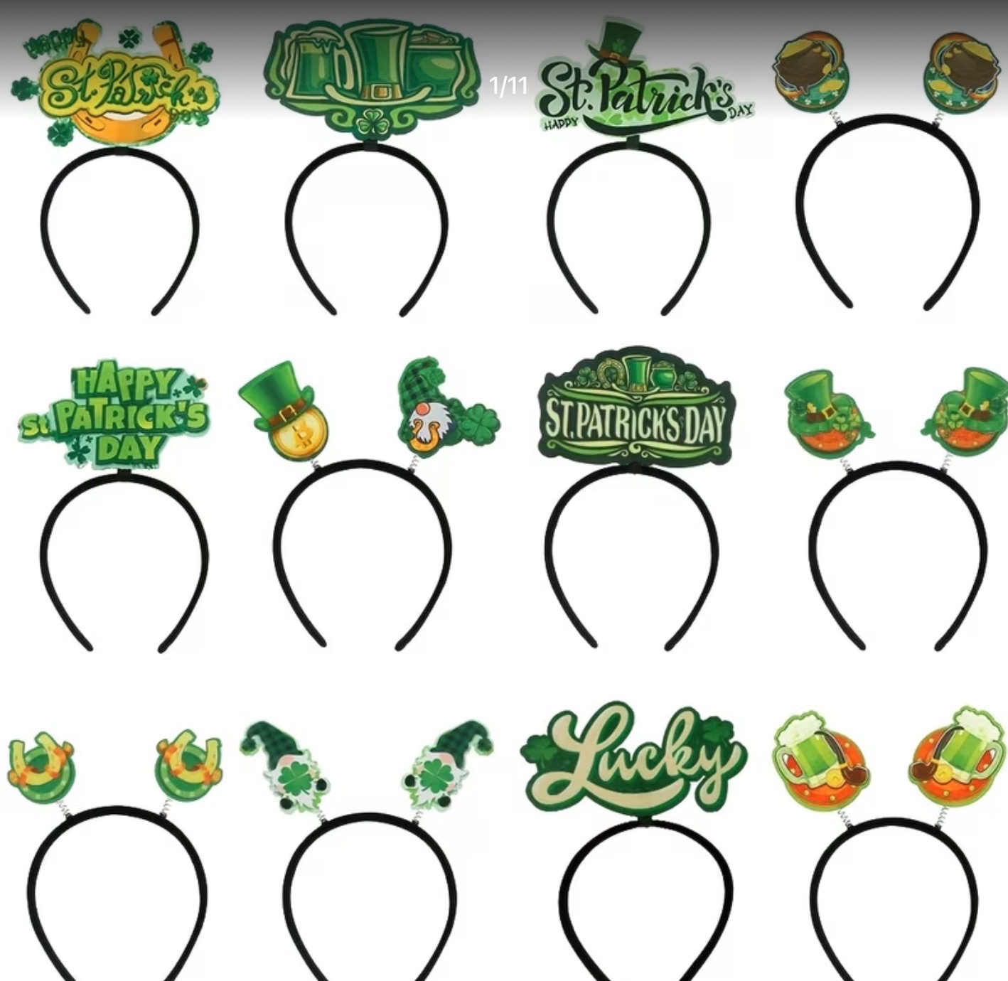Kolekcja opasek na głowę z motywami Dnia Świętego Patryka: koniczyny, skrzaty, napisy 'Lucky', piwo. Idealne na imprezę tematyczną lub do fotobudki.
