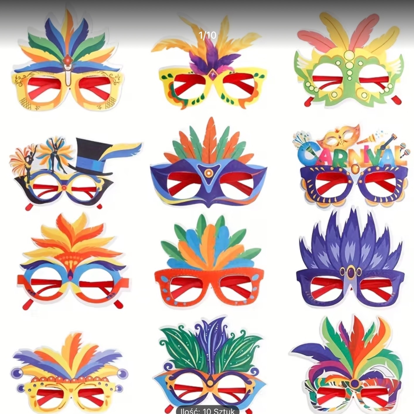 Zestaw 10 kolorowych masek karnawałowych z piórami i wzorami, idealnych na imprezy tematyczne i zabawy w fotobudce. Różne style i barwy.