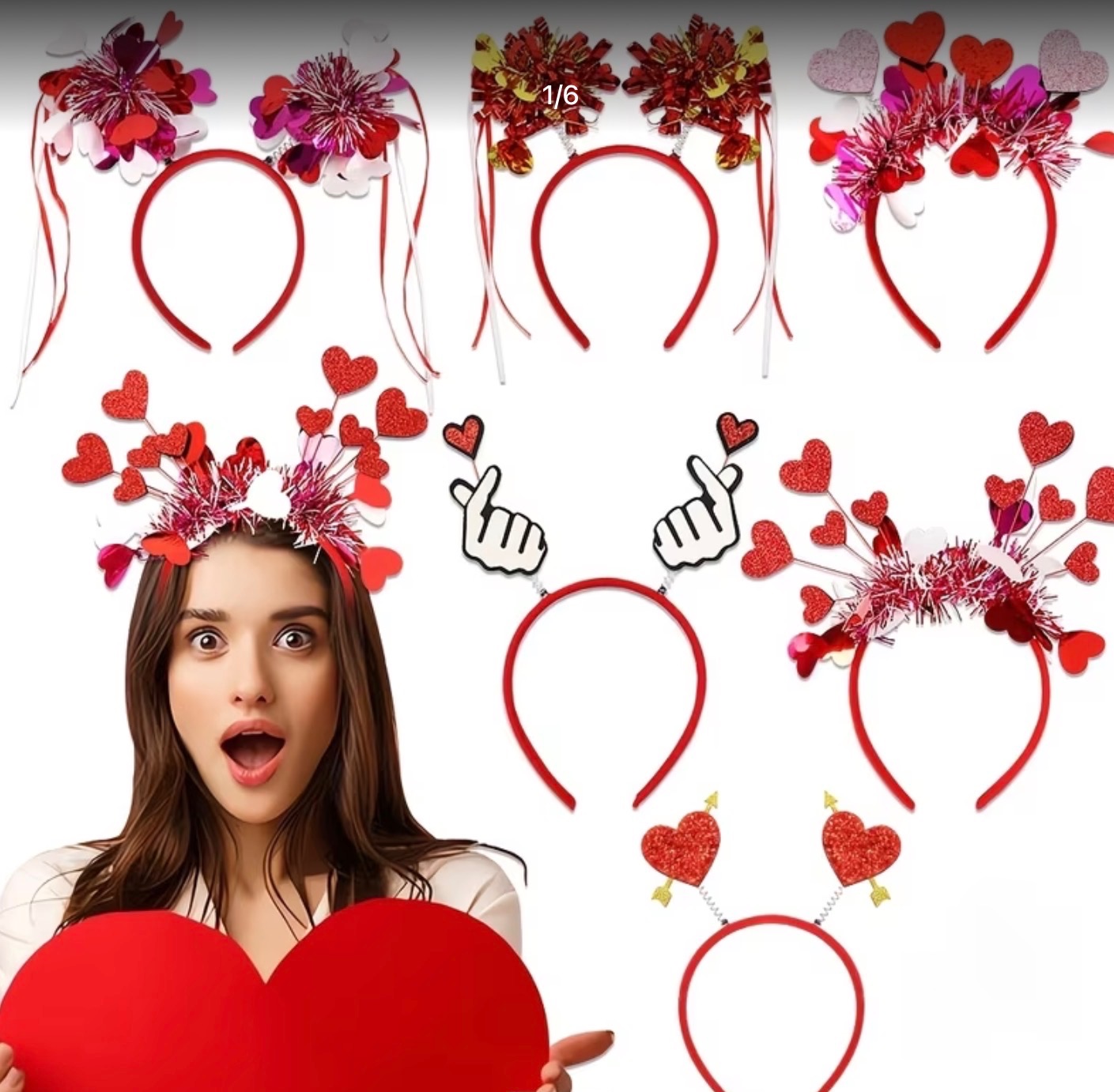 Uśmiechnięta kobieta z czerwonym sercem na tle kolekcji opasek z motywem serc, idealnych na walentynkowe imprezy i sesje zdjęciowe.