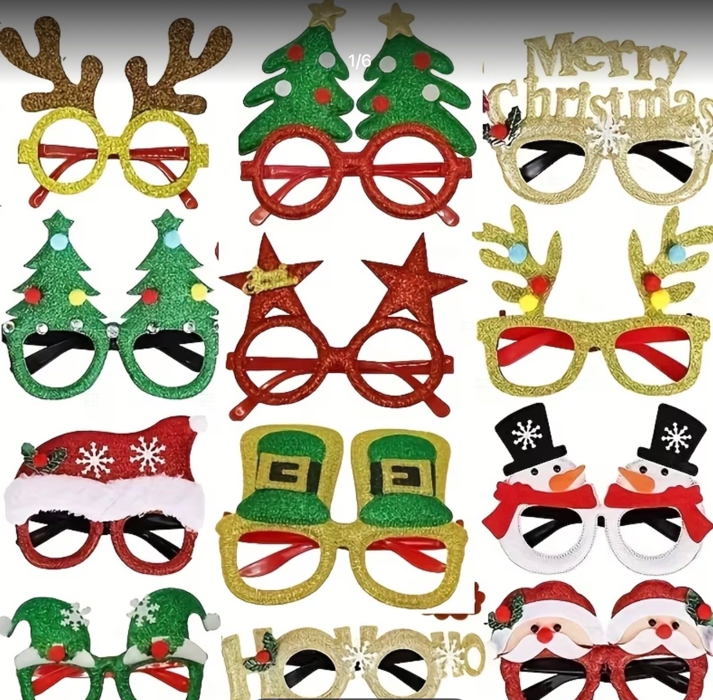 Kolekcja świątecznych okularów imprezowych: renifer, choinka, bałwan, Mikołaj, elf, gwiazda, kapelusz, HO HO HO. Idealne na bożonarodzeniowe przyjęcia i sesje zdjęciowe.
