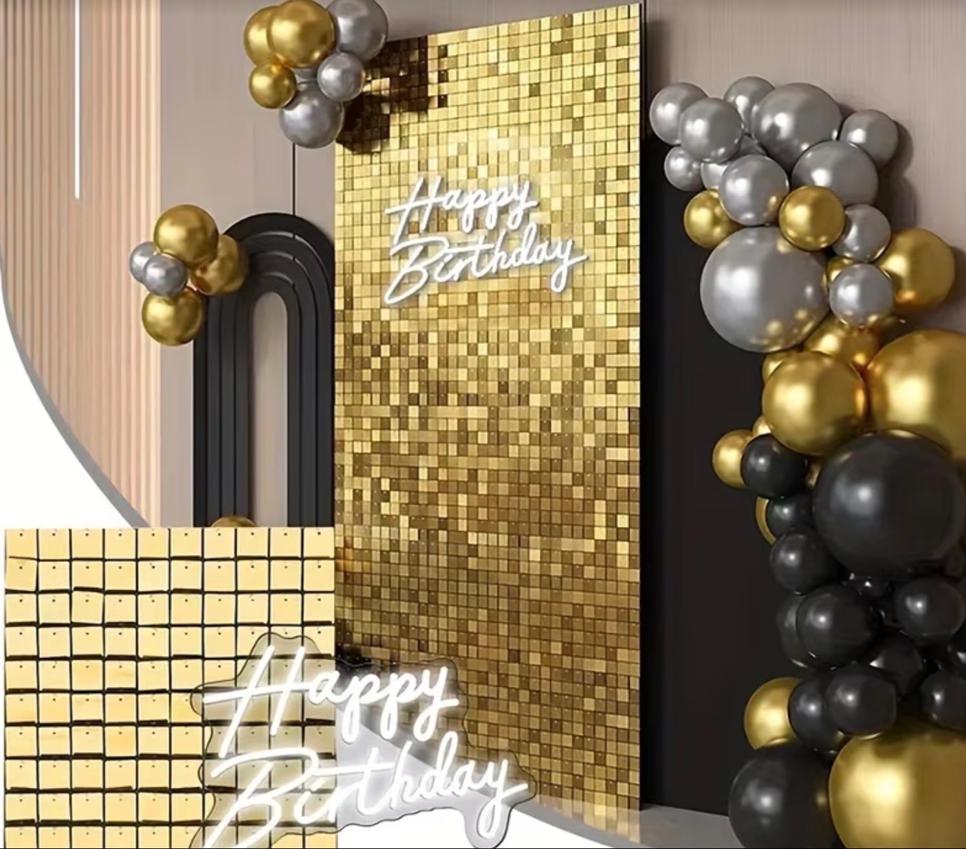 Złota ścianka z cekinami, neonowy napis 'Happy Birthday', girlanda z czarnych, złotych i srebrnych balonów. Dekoracja urodzinowa w stylu glamour.
