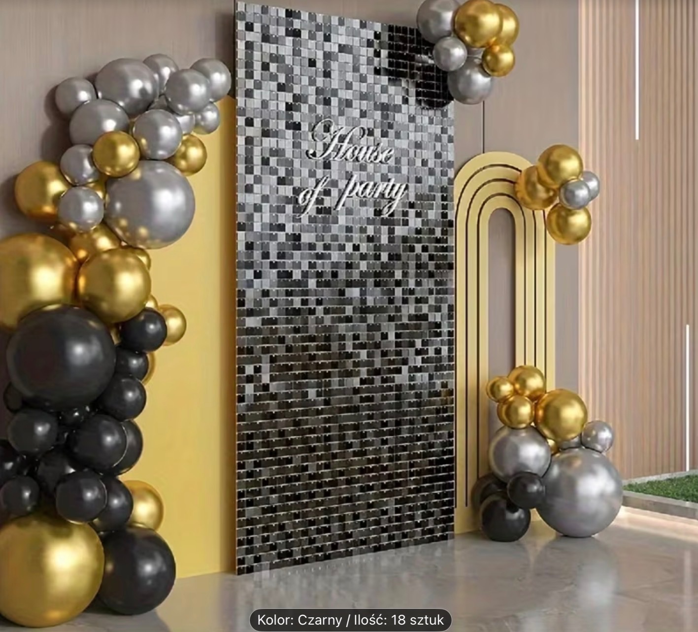 Dekoracja imprezowa: mozaikowe tło z napisem 'House of party', złote, srebrne i czarne balony tworzące girlandę i kompozycje. Nowoczesny design.