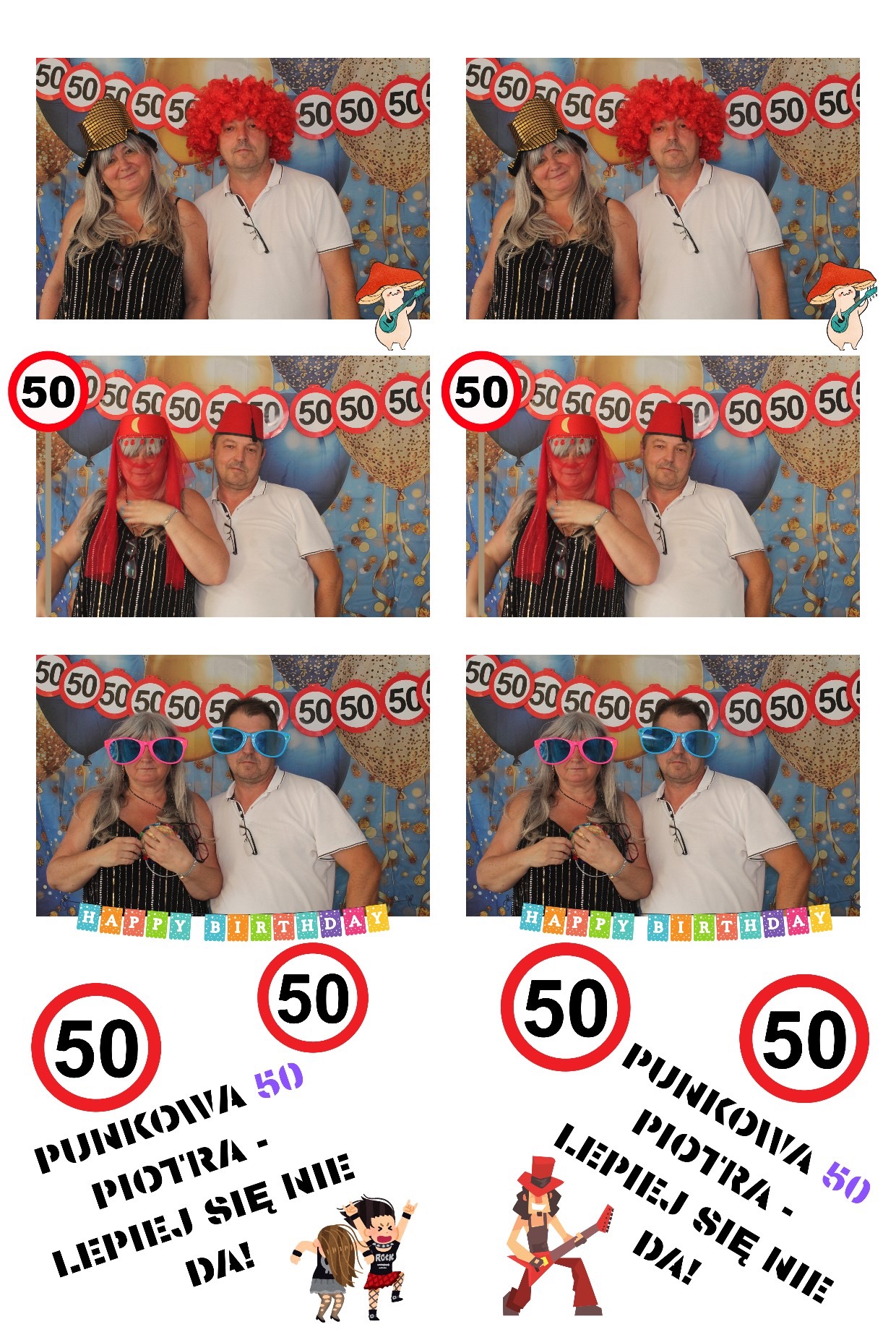 Wydruk z fotobudki z czterema ujęciami pary w przebraniach na tle urodzinowym z balonami i napisem 'Happy Birthday' oraz grafikami z napisem '50'.