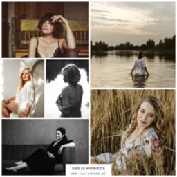 Mozaika zdjęć z sesji kobiecych: portrety w bieliźnie, w wodzie, na kanapie i w zbożu, prezentujące różnorodność ujęć i stylów fotograficznych.