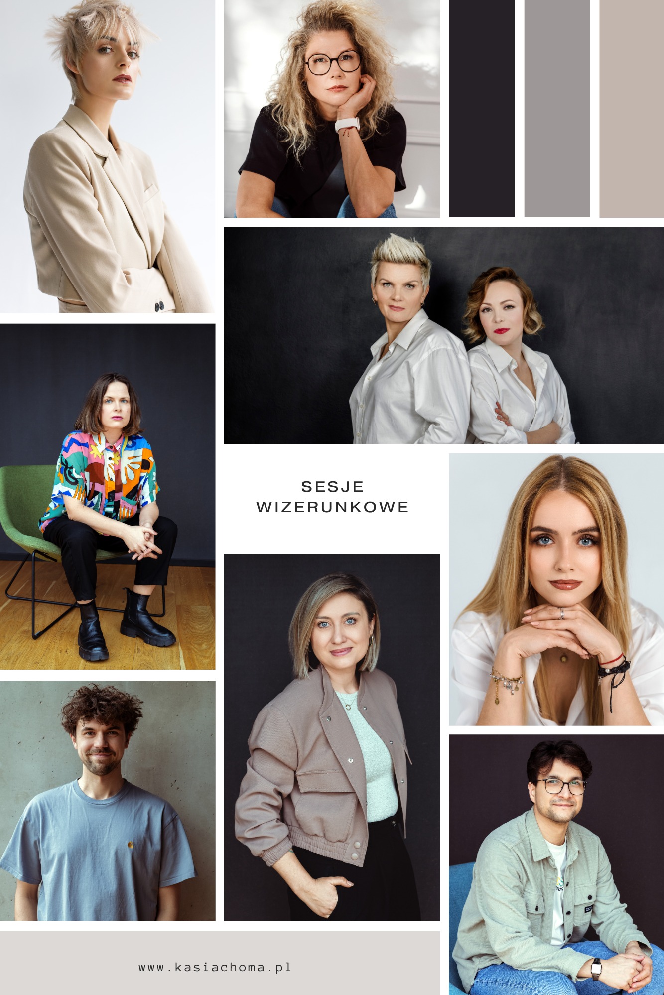 Kolaż zdjęć wizerunkowych: portrety kobiet i mężczyzn w różnym wieku, style i ujęcia. Centralnie napis 'Sesje wizerunkowe'.