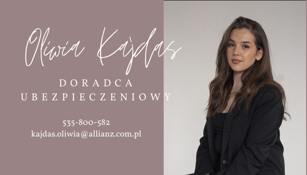 Portret kobiety, doradcy ubezpieczeniowego, z danymi kontaktowymi. Stonowana kolorystyka, profesjonalny wygląd.