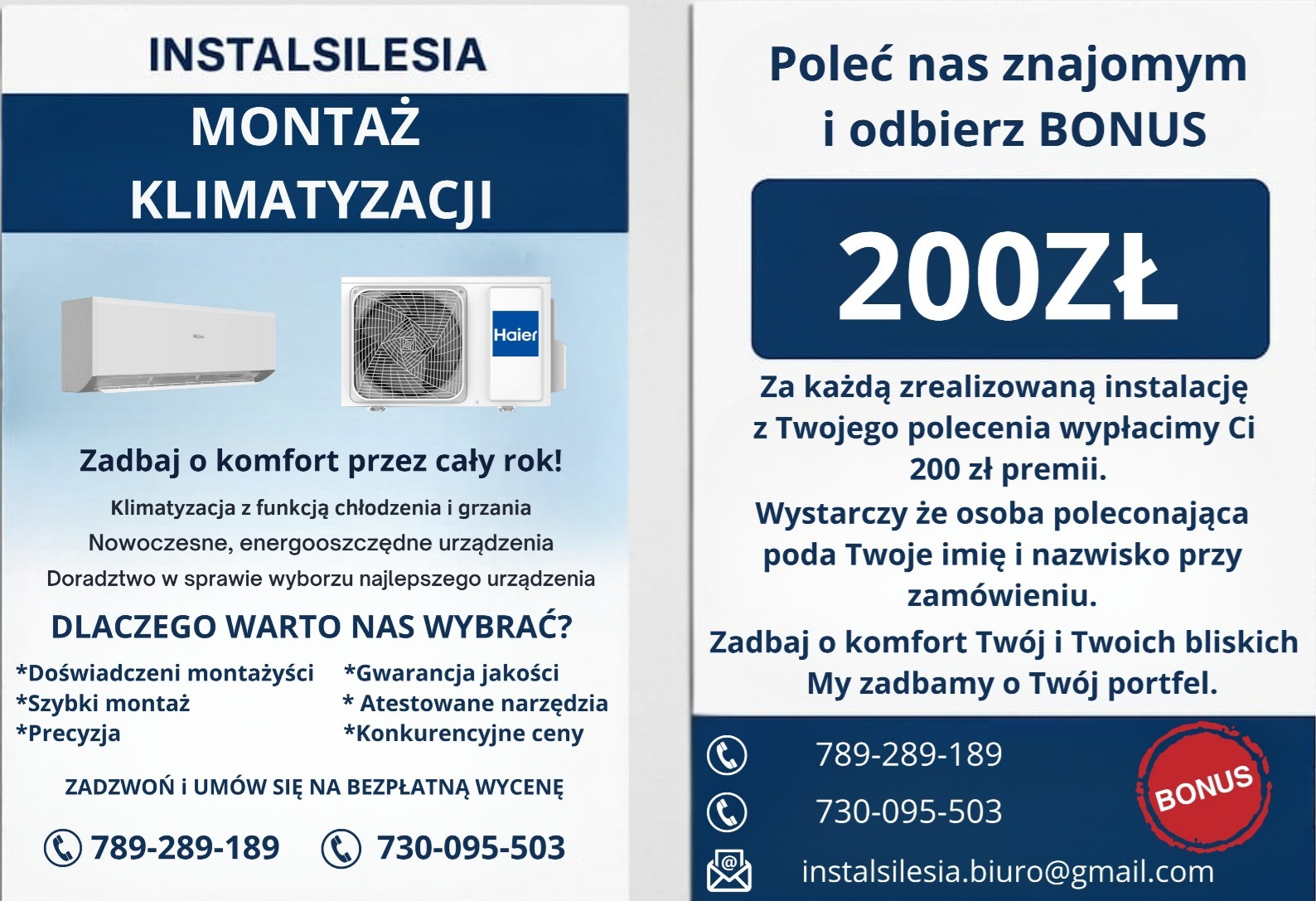 Grafika reklamowa firmy Instalsilesia oferującej montaż klimatyzacji Haier, z informacją o bonusie 200 zł za polecenie. Kontakt telefoniczny i mailowy.