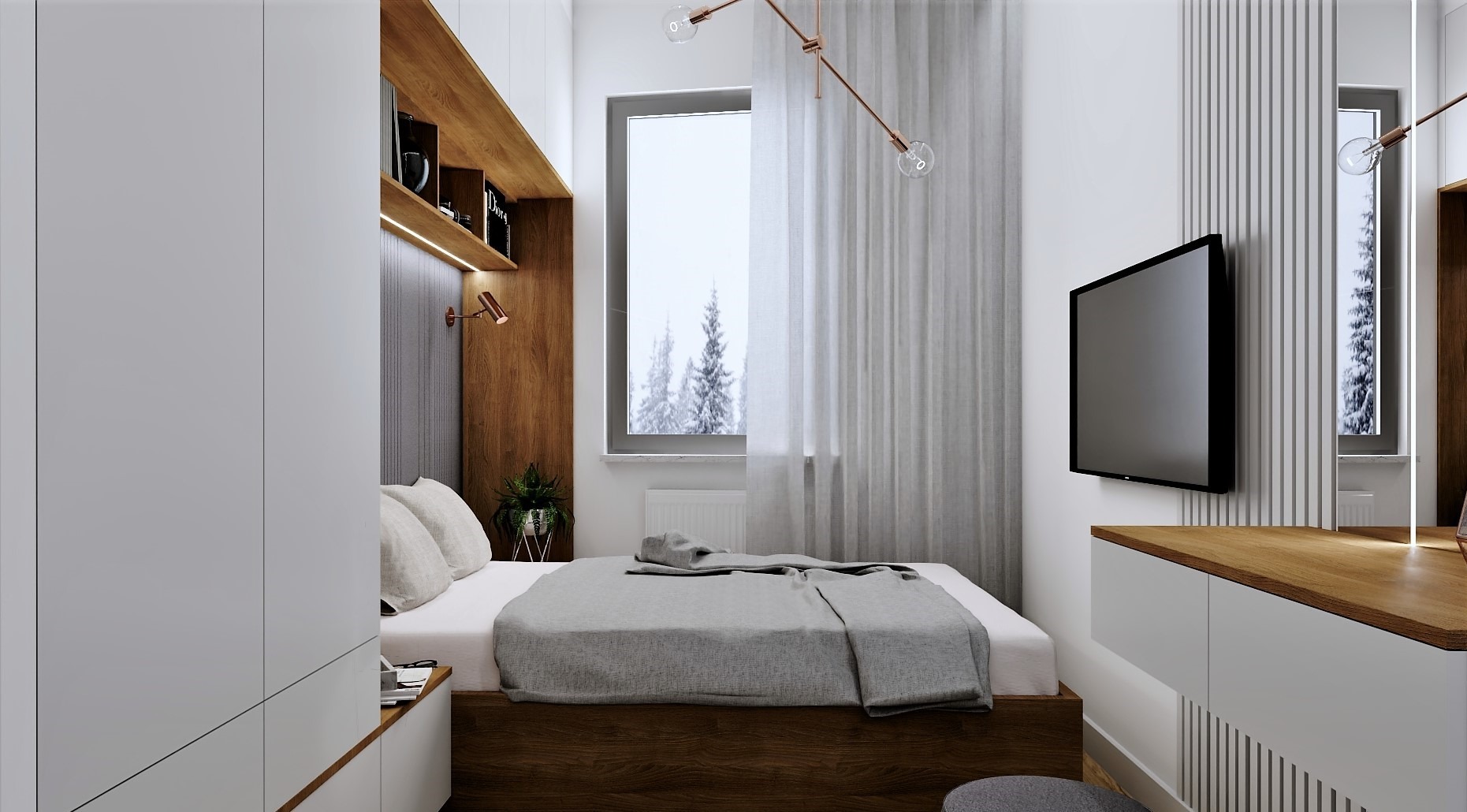 Nowoczesna sypialnia z łóżkiem, szafą w zabudowie, toaletką z drewnianym blatem i telewizorem na ścianie z dekoracyjnymi lamelami. Widok na zimowy krajobraz za oknem.