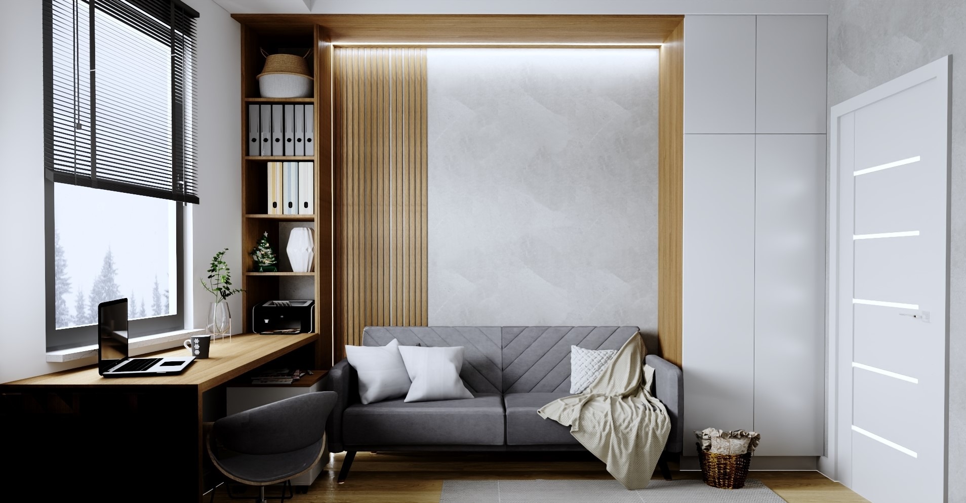 Stylowe wnętrze z szarą sofą, biurkiem pod oknem i zabudową z szafą wnękową. Jasne drewno i biel tworzą nowoczesny klimat. Dekoracje podkreślają charakter wnętrza.