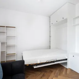 Wnętrze jasnego pokoju z rozkładanym łóżkiem w szafie, regałem i telewizorem. Parkiet w jodełkę, minimalistyczny styl.