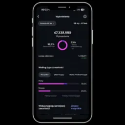 Statystyki wyświetleń na smartfonie: 47,3 mln wyświetleń, 92,7% od obserwatorów, 7,3% od nieobserwujących. Posty 70.5%, relacje 29.5%. Analiza danych w social mediach.