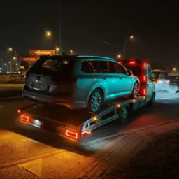 Nocą: szary samochód osobowy na platformie lawety z włączonym oświetleniem ostrzegawczym. W tle ulica miejska z latarniami i budynkami.