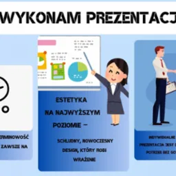 Ilustracja oferty: Wykonam prezentację. Grafika z kalendarzem, wykresami i uściskiem dłoni, akcentująca szybką realizację, estetykę i indywidualne podejście.