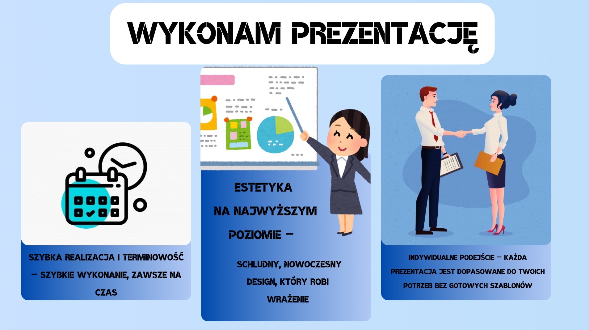 Ilustracja oferty: Wykonam prezentację. Grafika z kalendarzem, wykresami i uściskiem dłoni, akcentująca szybką realizację, estetykę i indywidualne podejście.