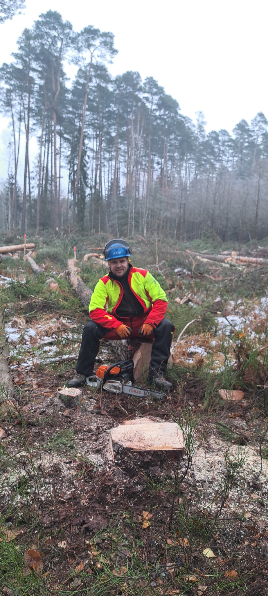 Uśmiechnięty drwal w kasku i odblaskowej kurtce siedzi na pniu obok piły łańcuchowej Stihl na tle wykarczowanego lasu w pochmurny dzień.