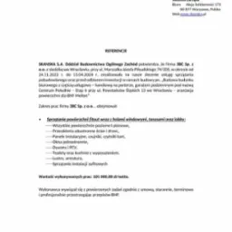 Dokument referencyjny od Skanska S.A. dla firmy 3BC Sp. z o.o. za sprzątanie pobudowlane i fitout powierzchni biurowej z holami windowymi, tarasami i lobby.