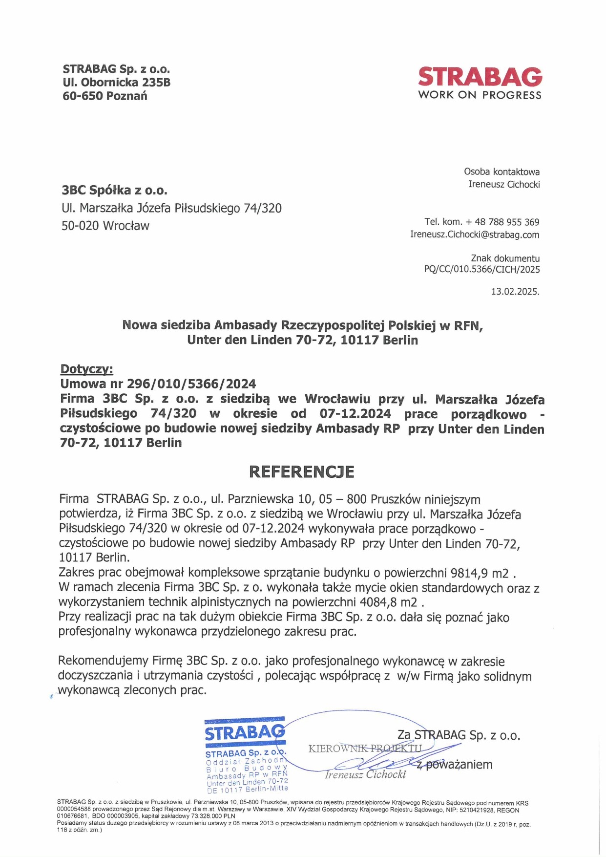 Skan referencji dla firmy 3BC Sp. z o.o. od STRABAG Sp. z o.o. za prace porządkowo-czystościowe po budowie Ambasady RP w Berlinie, obejmujące sprzątanie i mycie okien.