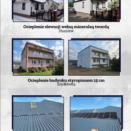 EXPERT TEAM sp. z o.o - Kolaż prezentujący ocieplenie elewacji wełną mineralną, budynku styropianem 15 cm oraz instalację fotowoltaiczną o mocy 9.775 kW. Ujęcia budynków z zewnątrz, w dzień.