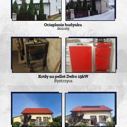 EXPERT TEAM sp. z o.o - Zestawienie zdjęć: ocieplenie budynku, kotły na pellet Defro 15kW, instalacja fotowoltaiczna 3kW. Domy po ociepleniu, kotłownia z kotłem, dom z panelami słonecznymi.