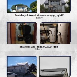 EXPERT TEAM sp. z o.o - Zestaw zdjęć: dom z panelami słonecznymi, zbiorniki C.O./C.W.U., budynek gospodarczy z fotowoltaiką. Instalacje o mocy 9.775 kW i 9.975 kW.