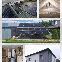EXPERT TEAM sp. z o.o - Kolaż zdjęć: panele słoneczne na dachu i na gruncie, ocieplone poddasze pianką, instalacja grzewcza w kotłowni i budynek po ociepleniu elewacji w odcieniach szarości.