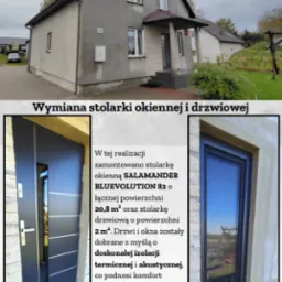 Dom po wymianie stolarki okiennej i drzwiowej. Zamontowano okna Salamander Bluevolution 82 o powierzchni 20,8 m2 i drzwi o pow. 2 m2.