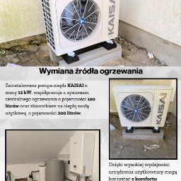 EXPERT TEAM sp. z o.o - Pompa ciepła Kaisai 12kW na zewnątrz budynku, współpracująca z systemem centralnego ogrzewania i zbiornikiem na ciepłą wodę. Urządzenie zapewnia komfort cieplny.