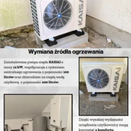 Pompa ciepła Kaisai 12kW na zewnątrz budynku, współpracująca z systemem centralnego ogrzewania i zbiornikiem na ciepłą wodę. Urządzenie zapewnia komfort cieplny.