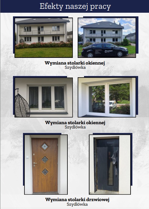 Efekty wymiany stolarki okiennej i drzwiowej. Prezentacja 'przed i po' z Szydłówka. Dom z nowymi oknami, okna z widokiem na zieleń, drzwi wejściowe po wymianie.