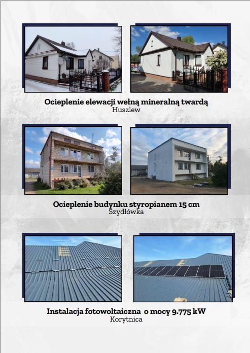 Kolaż prezentujący ocieplenie elewacji wełną mineralną, budynku styropianem 15 cm oraz instalację fotowoltaiczną o mocy 9.775 kW. Ujęcia budynków z zewnątrz, w dzień.