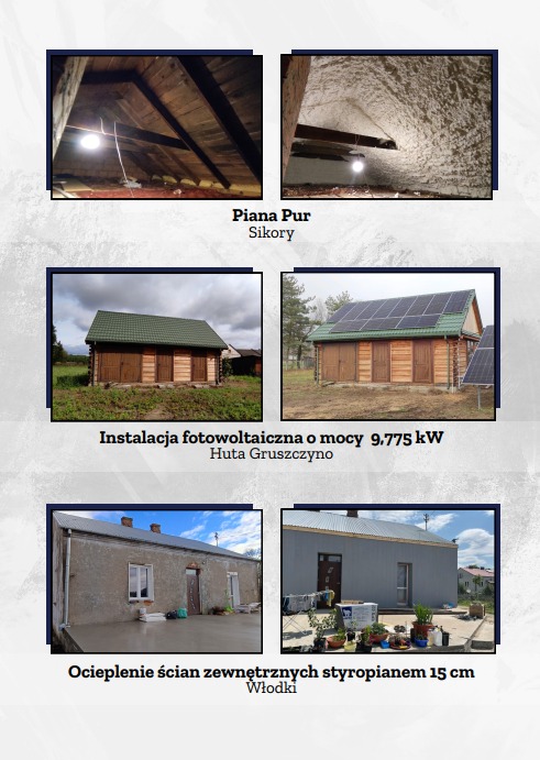 Zestawienie zdjęć: ocieplenie poddasza pianą PUR, instalacja fotowoltaiczna 9.775kW, ocieplenie ścian styropianem 15cm. Realizacje Sikory, Huta Gruszczyno, Włodki.