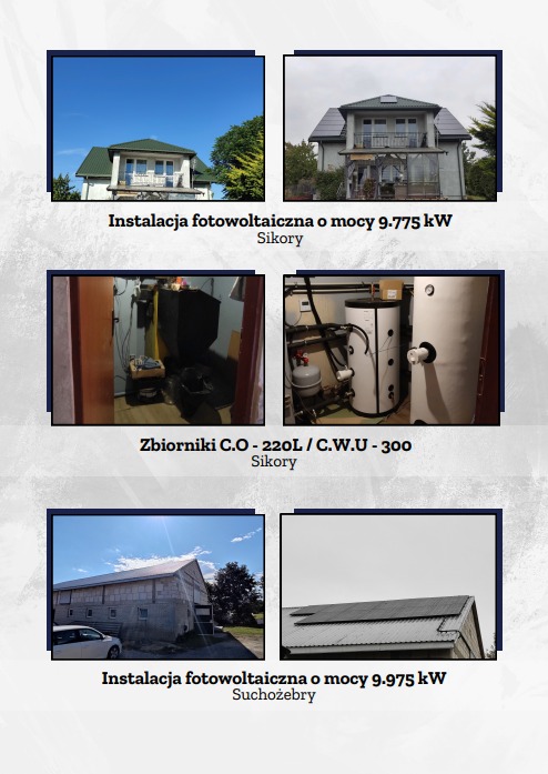 Zestaw zdjęć: dom z panelami słonecznymi, zbiorniki C.O./C.W.U., budynek gospodarczy z fotowoltaiką. Instalacje o mocy 9.775 kW i 9.975 kW.