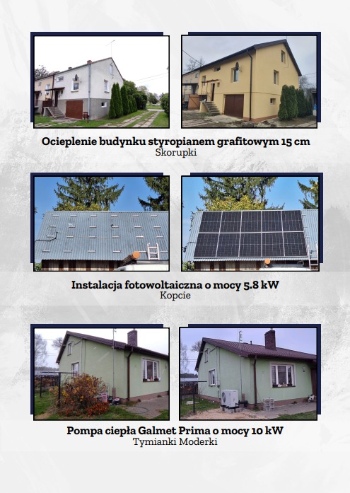Zestawienie zdjęć: ocieplenie styropianem, instalacja fotowoltaiczna 5.8kW i pompa ciepła Galmet Prima 10kW. Prezentacja realizacji 'przed i po' dla każdego z projektów.