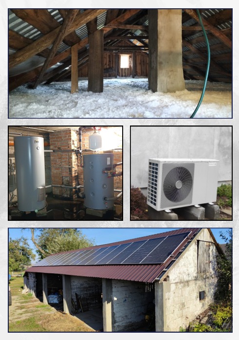 Kolaż z zdjęć: ocieplenie poddasza wełną, bojlery w kotłowni z cegły, zewnętrzna jednostka pompy ciepła i panele fotowoltaiczne na dachu budynku gospodarczego.