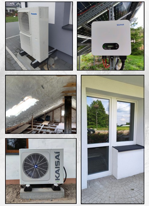 Zestawienie: Pompa ciepła Panasonic, inwerter Sofar, ocieplone poddasze pianą PUR, okno PCV z widokiem na zieleń i jednostka zewnętrzna pompy ciepła Kaisai.